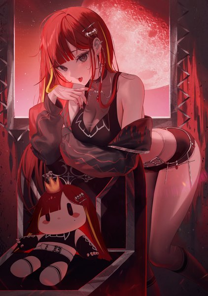 Anime-Bild 2543x3618 mit virtual youtuber stellive akane lize tokkihouse single long hair tall image looking at viewer fringe highres breasts light erotic large breasts standing bare shoulders sky red hair blunt bangs nail polish multicolored hair