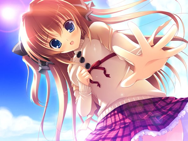 Anime picture 1600x1200 with nanairo kouro asuka mirai mikeou long hair blush open mouth blue eyes brown hair game cg girl skirt miniskirt