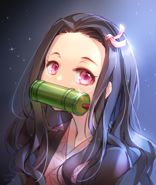 Anime picture 1000x1188 with kimetsu no yaiba ufotable kamado nezuko runamochi single long hair tall image looking at viewer black hair simple background holding signed upper body traditional clothes japanese clothes pink eyes gradient background mouth hold black background light
