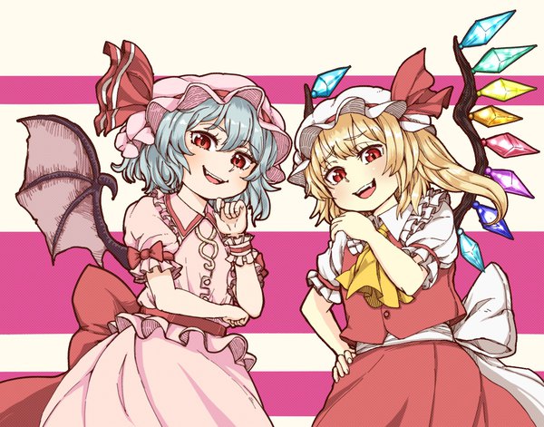 Anime picture 2054x1612 with touhou flandre scarlet remilia scarlet natsushiro looking at viewer highres short hair open mouth blonde hair smile red eyes white background multiple girls blue hair fang (fangs) hand on hip one side up striped pink background bat wings