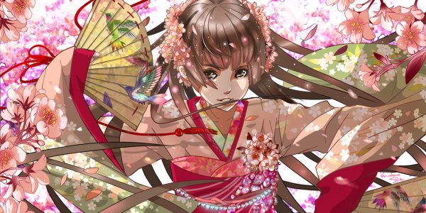 Anime picture 1200x600 with original nanahara single looking at viewer fringe brown hair wide image holding brown eyes traditional clothes japanese clothes wind cherry blossoms girl flower (flowers) plant (plants) animal petals tree (trees) kimono