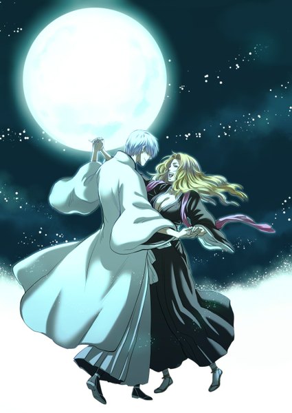 Anime picture 1062x1500 with bleach studio pierrot matsumoto rangiku ichimaru gin long hair tall image short hair breasts open mouth blonde hair smile large breasts silver hair eyes closed japanese clothes night couple dancing girl boy