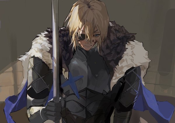 Anime picture 2048x1448 with fire emblem fire emblem: three houses nintendo dimitri alexandre blaiddyd osk single fringe highres short hair blue eyes blonde hair hair between eyes holding upper body fur trim looking down blood on face boy weapon armor