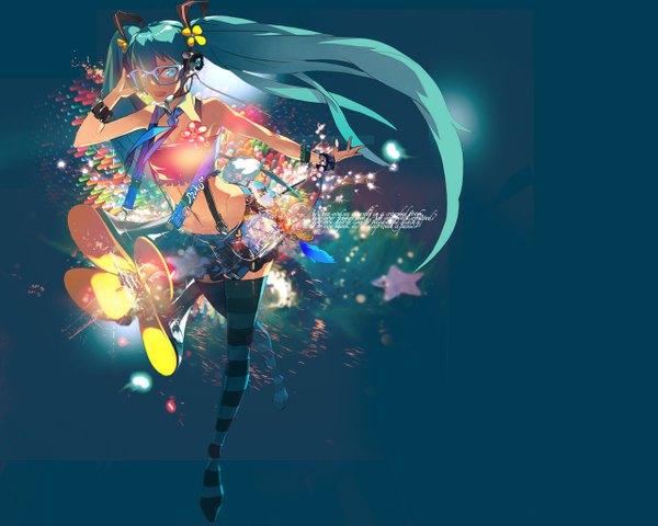 Anime picture 1280x1024 with vocaloid hatsune miku lucy (bechoco) single long hair open mouth twintails girl thighhighs flower (flowers) glasses necktie headphones star (symbol) striped thighhighs