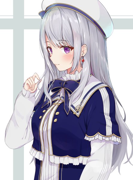 Anime picture 2800x3776 with virtual youtuber nijisanji higuchi kaede racchi. single long hair tall image looking at viewer blush fringe highres simple background standing purple eyes payot silver hair upper body long sleeves holding hair girl