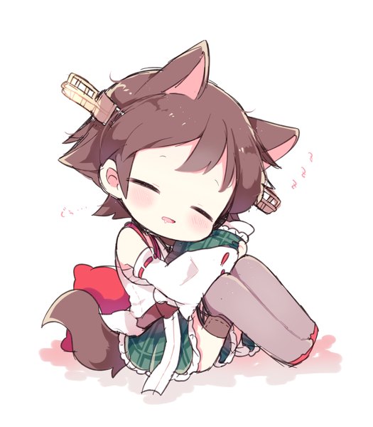 Anime picture 800x914 with kantai collection hiei battleship kyou (nekoneko) single tall image blush short hair open mouth simple background brown hair white background sitting animal ears full body tail eyes closed traditional clothes japanese clothes animal tail saliva