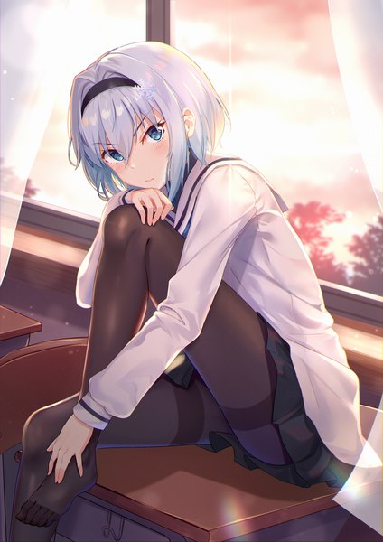 Anime picture 1240x1754 with ryuuou no oshigoto! sora ginko dance of eternity single tall image looking at viewer blush fringe short hair blue eyes light erotic hair between eyes silver hair bent knee (knees) indoors pleated skirt no shoes girl skirt uniform