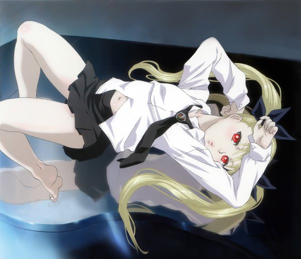 Anime picture 3300x2847 with dance in the vampire bund shaft (studio) mina tepes konno naoyuki long hair looking at viewer fringe highres light erotic blonde hair red eyes twintails absurdres bent knee (knees) lying parted lips pleated skirt barefoot :o loli