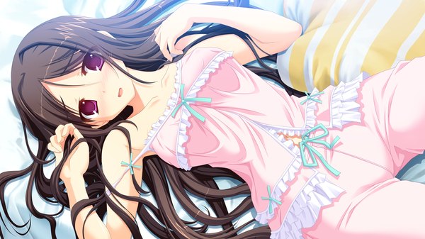 Anime picture 1280x720 with ama ane yashima otome long hair blush open mouth light erotic brown hair wide image purple eyes game cg girl frills pajamas