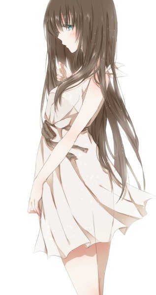 Anime picture 555x1049 with original hiro (hirohiro31) single long hair tall image blush blue eyes black hair simple background white background profile girl dress sundress