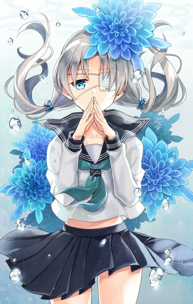 Anime picture 869x1362 with original nekozuki yuki single long hair tall image fringe blue eyes twintails signed looking away silver hair pleated skirt midriff floating hair low twintails underwater covered mouth fingers together girl skirt