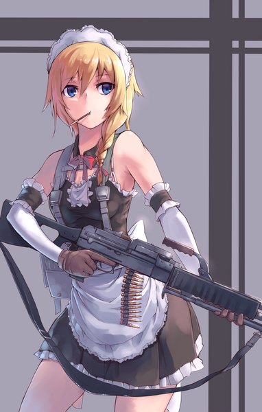 Anime picture 700x1100 with original nightmaremk2 tall image standing holding braid (braids) bare legs maid mouth hold single braid gloves bow ribbon (ribbons) weapon hair ribbon headdress gun maid headdress lace assault rifle