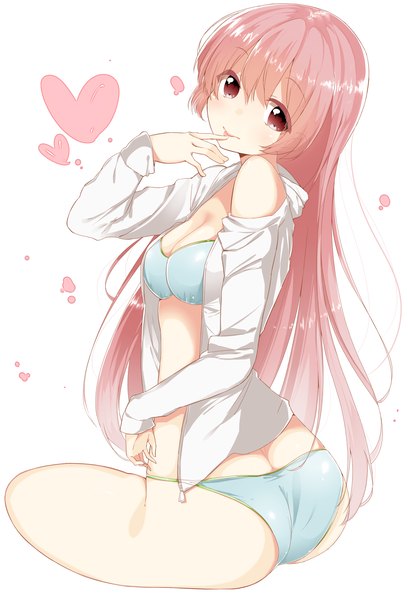 Anime picture 1362x2000 with original kurean (artist) single long hair tall image light erotic simple background red eyes white background pink hair open clothes open shirt girl underwear panties heart