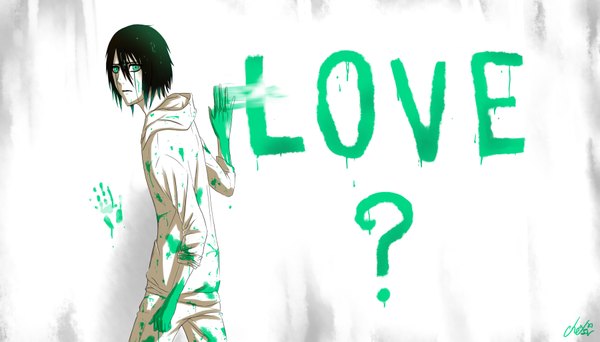 Anime picture 3600x2057 with bleach studio pierrot ulquiorra schiffer single highres short hair black hair wide image green eyes signed absurdres inscription espada ? painting boy