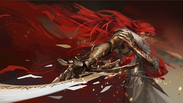 Anime picture 1197x674 with elden ring malenia blade of miquella agong single long hair wide image standing looking away red hair floating hair blood on face holding arm broken weapon girl weapon blood prosthesis blade