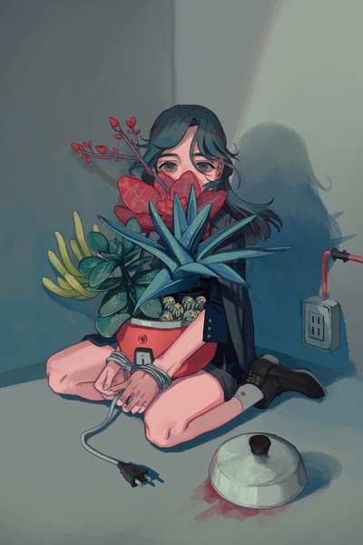 Anime picture 1280x1920 with original clea single long hair tall image looking at viewer black hair sitting full body indoors black eyes shadow wariza bound hands girl plant (plants) wire (wires) potted plant