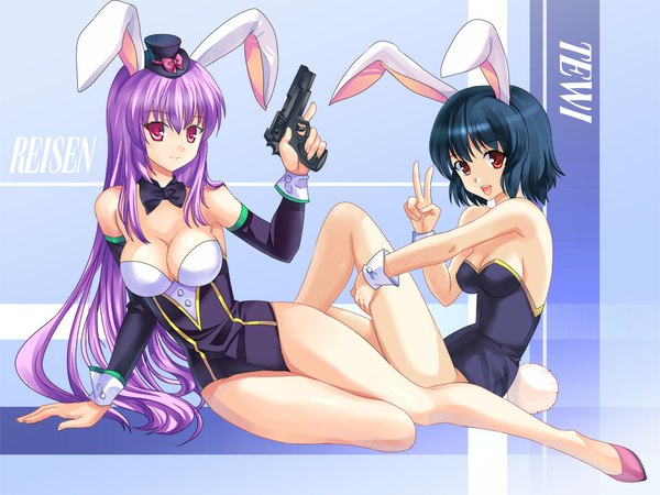 Anime picture 1024x768 with touhou reisen udongein inaba inaba tewi pico (picollector79) long hair short hair breasts light erotic black hair red eyes animal ears cleavage purple hair tail high heels bunny ears wallpaper legs victory bunny girl