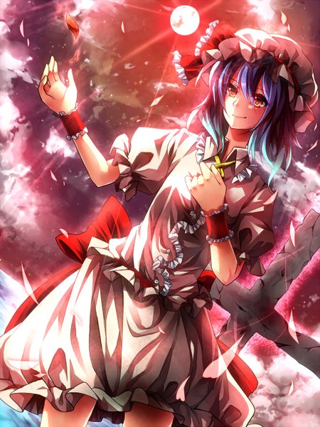 Anime picture 1000x1333 with touhou remilia scarlet kuga huna single tall image short hair red eyes purple hair cloud (clouds) light smile red moon girl dress petals frills bonnet