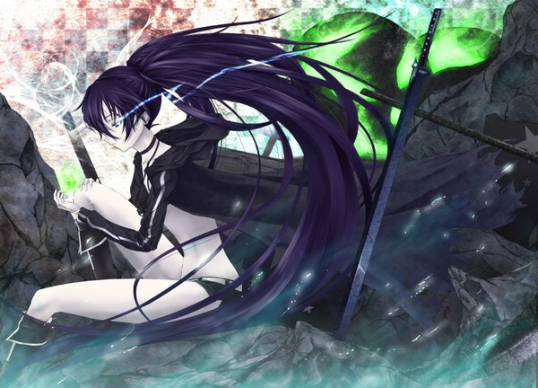 Anime picture 2000x1440 with black rock shooter black rock shooter (character) reg (artist) long hair highres blue eyes twintails purple hair very long hair torn clothes pale skin ruins girl weapon sword cloak