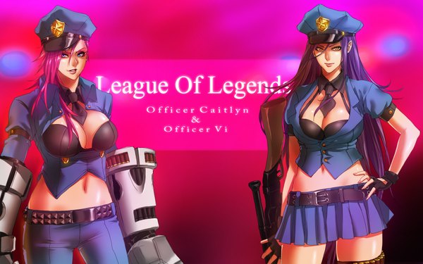 Anime picture 1920x1200 with league of legends caitlyn (league of legends) vi (league of legends) officer caitlyn non (nonzile) long hair looking at viewer highres breasts blue eyes light erotic simple background large breasts multiple girls yellow eyes pink hair purple hair hand on hip girl skirt
