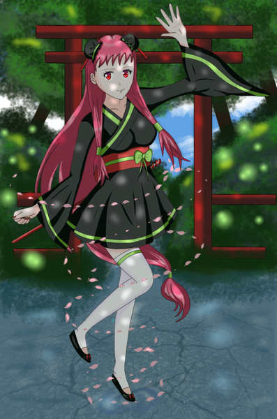 Anime picture 1200x1813 with original kristi palmer31 single tall image looking at viewer fringe red eyes standing pink hair sky full body very long hair nail polish traditional clothes japanese clothes hair bun (hair buns) standing on one leg girl thighhighs weapon