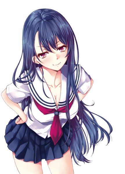 Anime picture 736x1024 with sore ga doushita tokunou shoutarou single long hair tall image looking at viewer blush fringe breasts simple background smile red eyes large breasts white background blue hair cleavage pleated skirt arched back hands on hips smirk