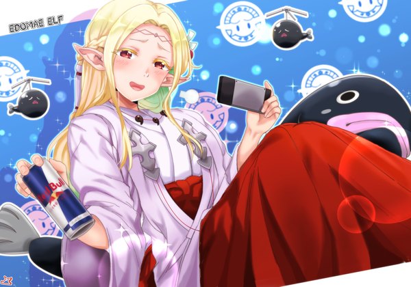 Anime picture 1739x1216 with edomae elf red bull eldali ilma fanomenel samenoido single long hair looking at viewer highres open mouth blonde hair red eyes sitting traditional clothes :d japanese clothes pointy ears copyright name elf miko girl
