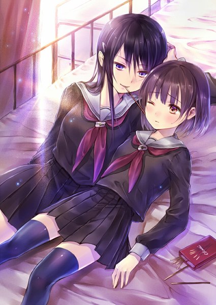 Anime picture 800x1129 with original hanekoto long hair tall image short hair black hair purple eyes multiple girls brown eyes one eye closed wink shoujo ai pocky kiss girl thighhighs skirt uniform black thighhighs 2 girls school uniform