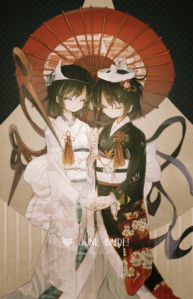 Anime picture 646x1000 with touhou houjuu nue murasa minamitsu hisona (suaritesumi) tall image short hair black hair multiple girls eyes closed traditional clothes japanese clothes inscription wide sleeves floral print holding hands shared umbrella girl 2 girls wings headdress