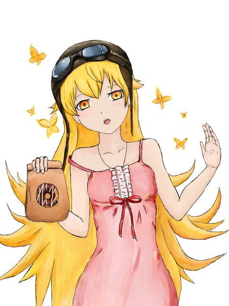 Anime picture 1500x2000 with bakemonogatari shaft (studio) monogatari (series) oshino shinobu olindias single long hair tall image looking at viewer fringe open mouth simple background blonde hair hair between eyes white background bare shoulders yellow eyes head tilt spread arms strap slip