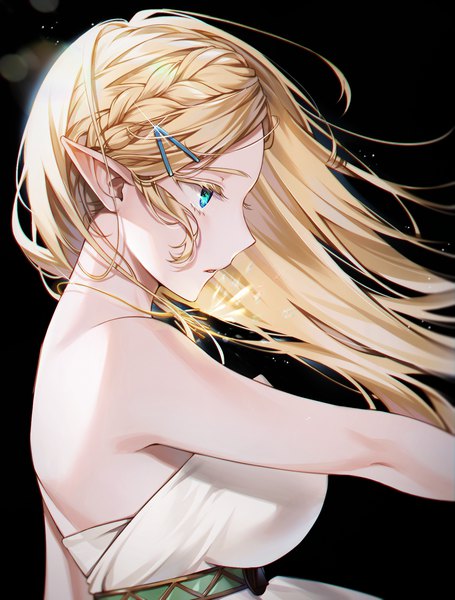 Anime picture 1500x1980 with the legend of zelda the legend of zelda: breath of the wild nintendo princess zelda 0nly u single long hair tall image fringe breasts open mouth simple background blonde hair large breasts looking away upper body braid (braids) profile aqua eyes pointy ears