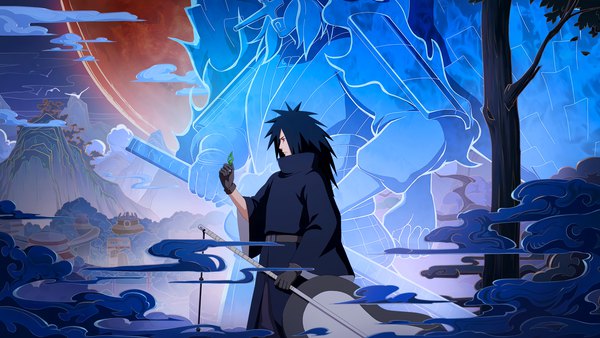 Anime picture 1918x1079 with naruto studio pierrot naruto (series) uchiha madara single long hair highres black hair red eyes wide image standing holding cloud (clouds) outdoors profile arm up wide sleeves mountain egasumi boy