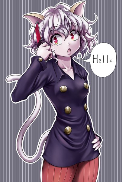 Anime picture 975x1446 with hunter x hunter neferupito maazyu single tall image short hair open mouth red eyes animal ears silver hair tail animal tail cat ears grey background cat girl cat tail hand on hip text english double buttons