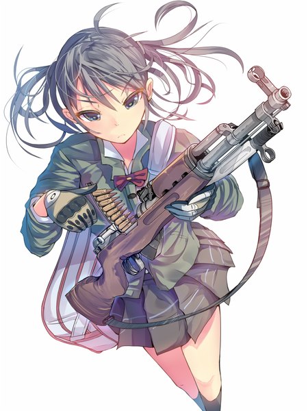 Anime picture 750x1000 with original daito (daito369) single long hair tall image fringe simple background hair between eyes white background twintails from above grey hair grey eyes messy hair girl gloves uniform weapon school uniform gun