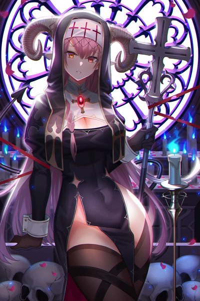 Anime picture 1500x2250 with original amahara subaru single long hair tall image looking at viewer fringe breasts light erotic hair between eyes red eyes standing holding pink hair cleavage parted lips horn (horns) pointy ears arm support orange eyes