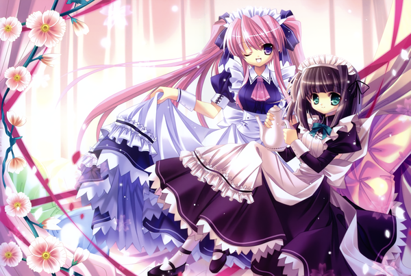 Anime picture 5100x3430 with capura lin highres black hair purple eyes multiple girls green eyes pink hair absurdres maid girl 2 girls teapot