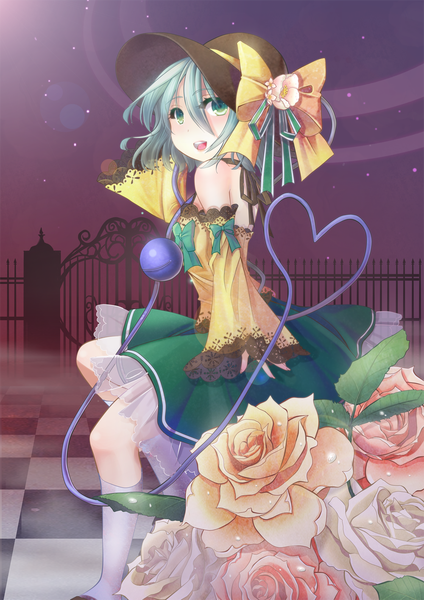 Anime picture 1000x1414 with touhou komeiji koishi mimika (puetilun) single tall image blush short hair open mouth bare shoulders green eyes green hair girl dress flower (flowers) hat detached sleeves socks white socks eyeball