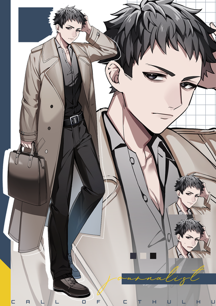 Anime picture 1500x2121 with original ikurikaito single tall image looking at viewer short hair black hair full body black eyes open clothes multiview hand on head partially open clothes zoom layer boy shirt belt bag cloak black shirt