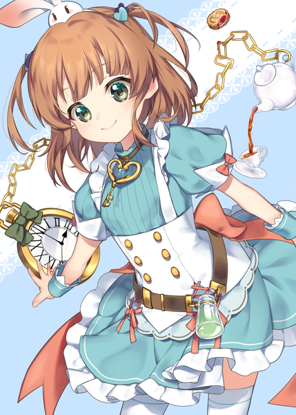 Anime picture 1500x2098 with princess connect! re:dive princess connect! rino (princess connect!) ken pyatsu single tall image short hair smile brown hair green eyes two side up girl thighhighs hair ornament white thighhighs frills heart wrist cuffs clock cup