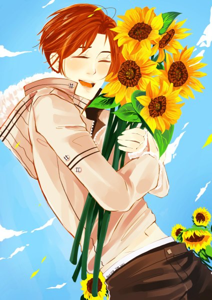 Anime picture 848x1200 with yami no matsuei j.c. staff asato tsuzuki missifa single tall image blush short hair open mouth smile brown hair sky cloud (clouds) eyes closed hug happy boy navel flower (flowers) jacket