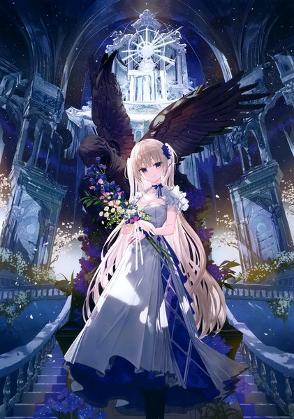 Anime picture 2137x3045 with original eshi 100-nin ten fuumi (radial engine) single long hair tall image looking at viewer fringe highres blonde hair smile standing purple eyes blunt bangs hair flower scan two side up architecture girl dress