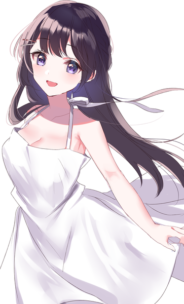 Anime picture 1210x2000 with virtual youtuber nijisanji tsukino mito sinsihukunokonaka single long hair tall image looking at viewer blush fringe breasts open mouth simple background smile brown hair standing white background purple eyes bare shoulders cleavage