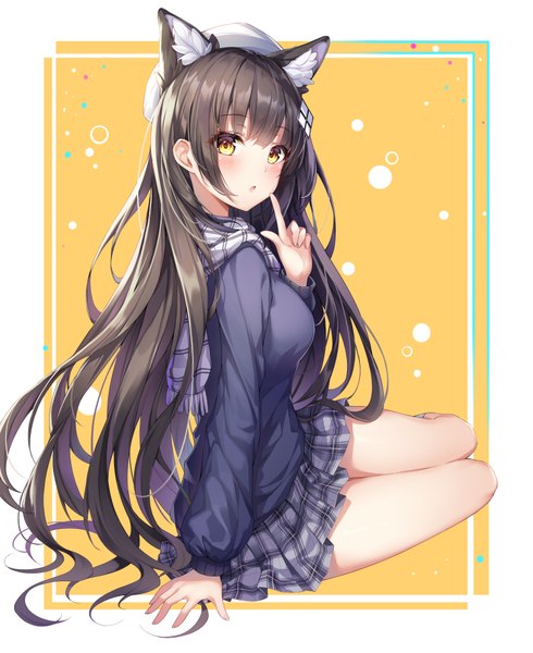 Anime picture 3004x3678 with girls frontline type 95 (girls frontline) type 95 (pure white graduation) (girls frontline) dangmyo single long hair tall image blush fringe highres breasts open mouth black hair simple background sitting animal ears yellow eyes absurdres blunt bangs long sleeves