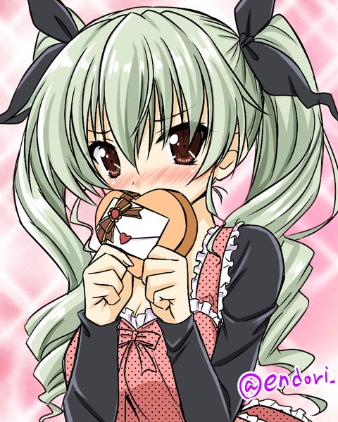 Anime picture 800x1000 with girls und panzer anchovy (girls und panzer) endori single long hair tall image looking at viewer blush fringe hair between eyes twintails brown eyes signed green hair embarrassed drill hair covered mouth polka dot valentine girl