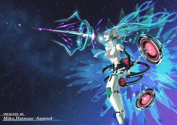 Anime picture 2480x1748 with vocaloid vocaloid append hatsune miku hatsune miku (append) highres green hair space mecha musume girl