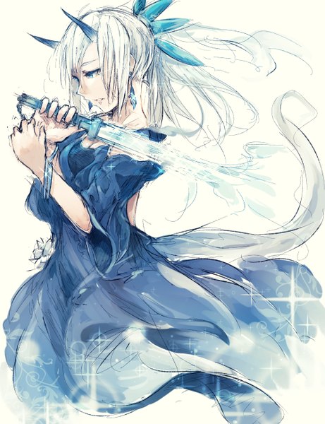 Anime picture 1000x1300 with original shiratan single long hair tall image open mouth blue eyes simple background standing white background looking away white hair ponytail tail profile horn (horns) wind short sleeves dress hair ornament