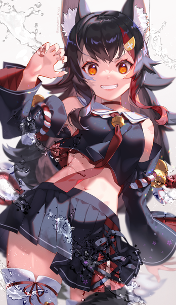 Anime picture 1160x2000 with virtual youtuber hololive ookami mio ookami mio (1st costume) anywhere knock single long hair tall image looking at viewer black hair smile animal ears pleated skirt multicolored hair from below midriff orange eyes streaked hair grin wolf ears