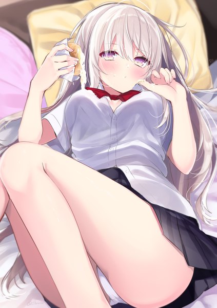 Anime picture 1409x2000 with original sasahara wakaba single long hair tall image looking at viewer blush fringe breasts light erotic hair between eyes holding payot bent knee (knees) lying pleated skirt pink eyes grey hair on back eating