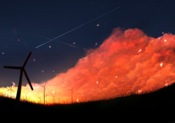 Anime picture 1704x1200 with original yuuko highres sky cloud (clouds) evening no people scenic plant (plants) grass wind turbine