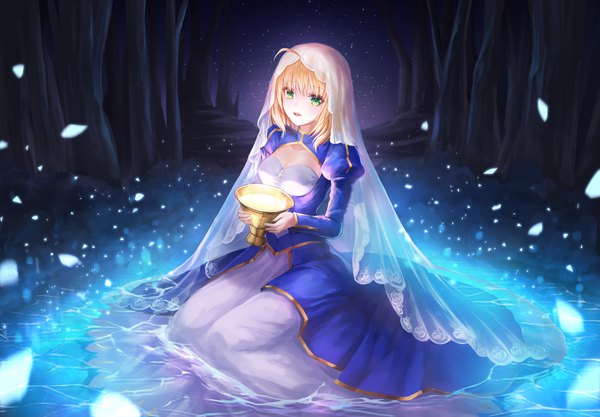 Anime picture 2300x1600 with fate (series) fate/stay night artoria pendragon (all) saber lunacle single looking at viewer fringe highres short hair open mouth blonde hair smile sitting holding green eyes cleavage ahoge night puffy sleeves